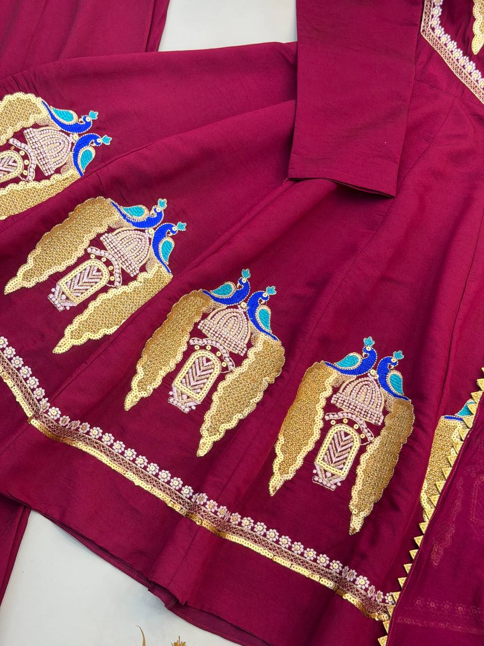 Wine Maroon Peacock Embroidered Anarkali with Palazzo & Contrast Border Dupatta