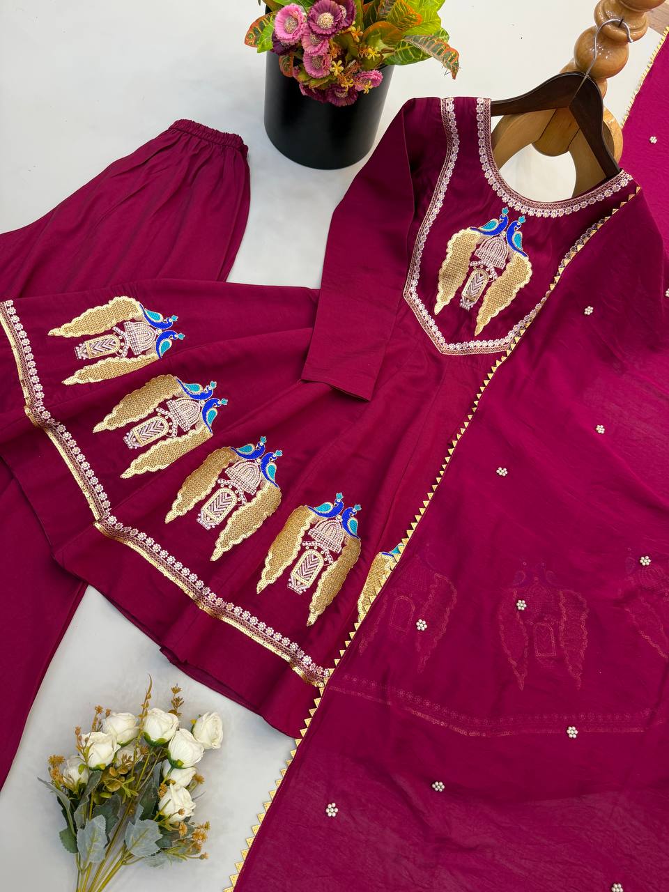 Wine Maroon Peacock Embroidered Anarkali with Palazzo & Contrast Border Dupatta