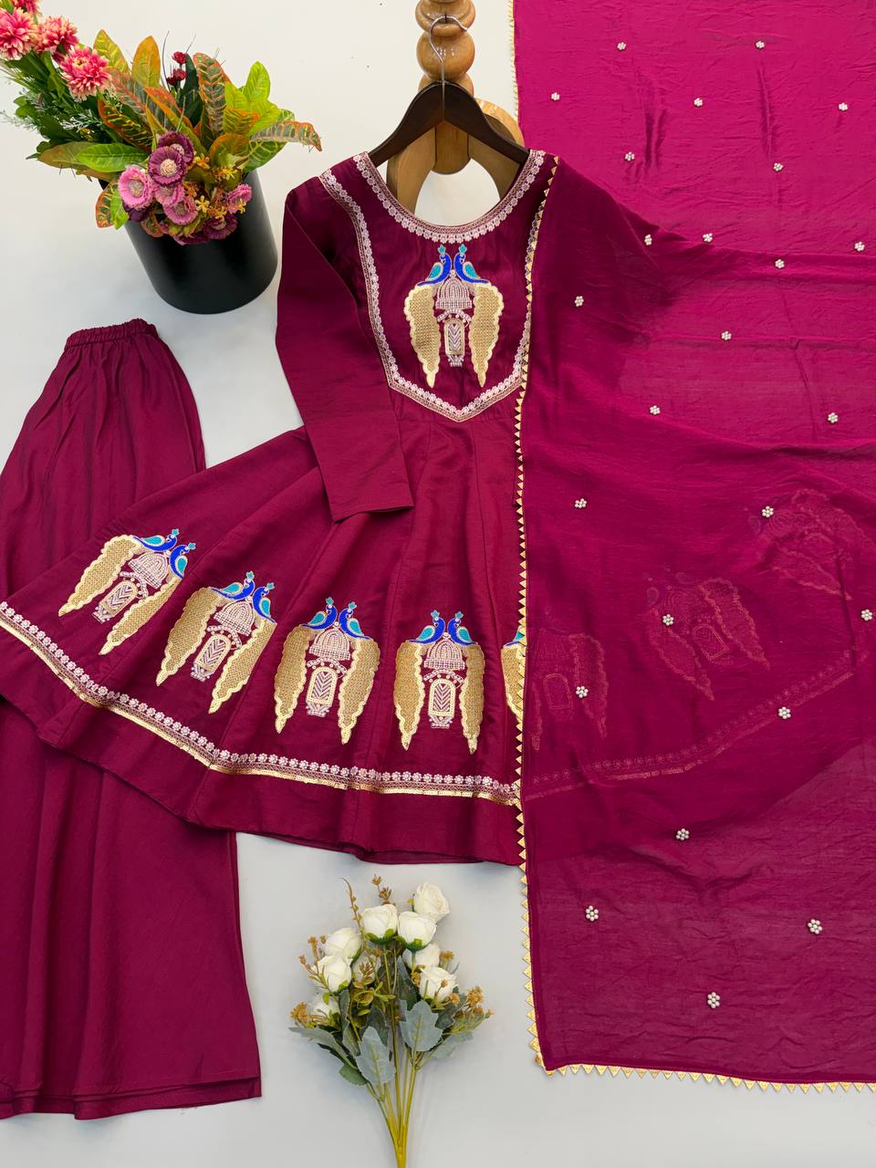 Wine Maroon Peacock Embroidered Anarkali with Palazzo & Contrast Border Dupatta