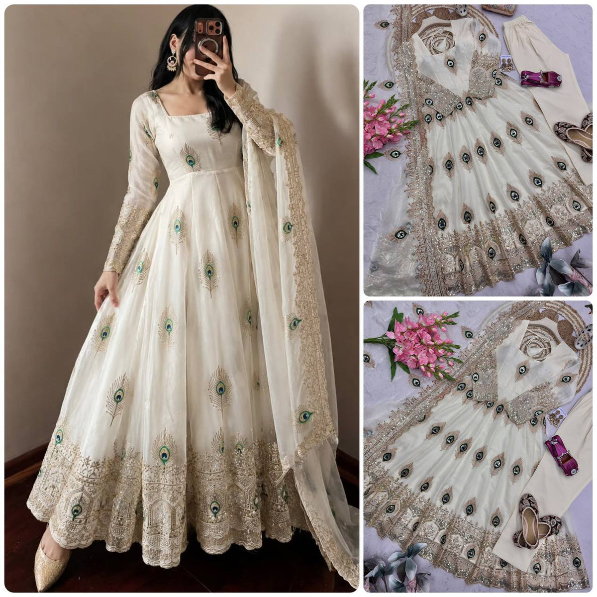 Ivory Peacock Motif Anarkali Set – A Graceful Flared Silhouette Adorned with Delicate Peacock Motifs, Intricate Gold Embroidery, Ornate Hem Border and a Matching Embroidered Dupatta.