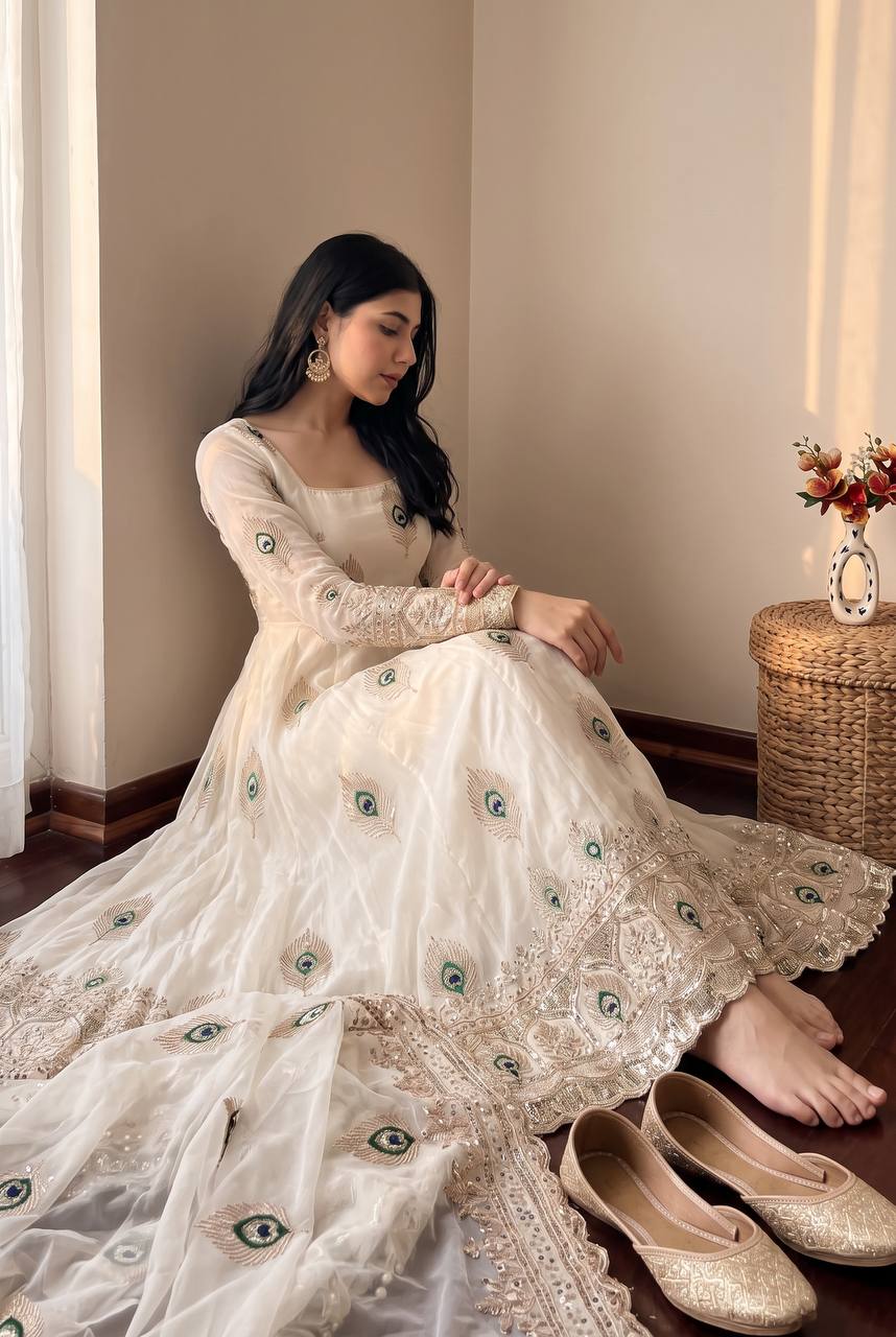 Ivory Peacock Motif Anarkali Set – A Graceful Flared Silhouette Adorned with Delicate Peacock Motifs, Intricate Gold Embroidery, Ornate Hem Border and a Matching Embroidered Dupatta.