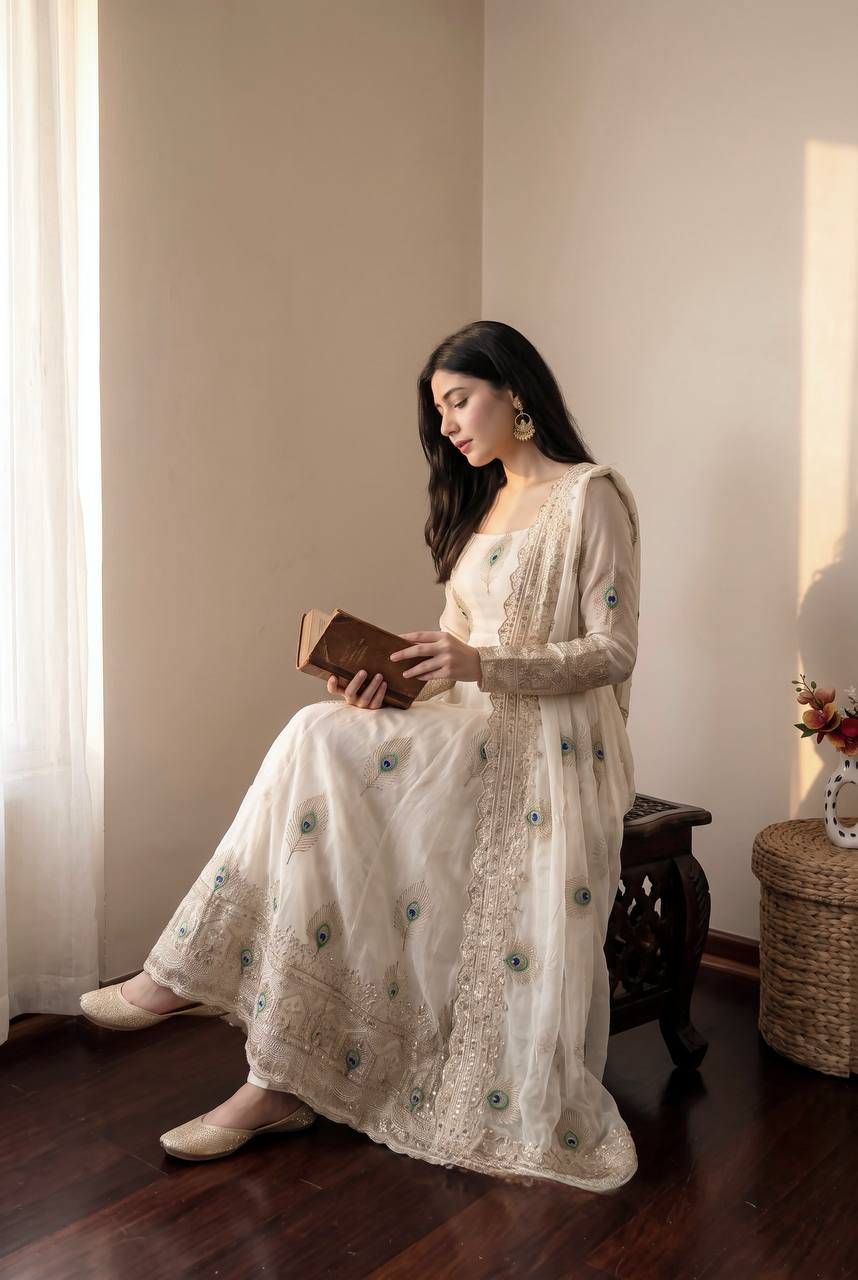 Ivory Peacock Motif Anarkali Set – A Graceful Flared Silhouette Adorned with Delicate Peacock Motifs, Intricate Gold Embroidery, Ornate Hem Border and a Matching Embroidered Dupatta.