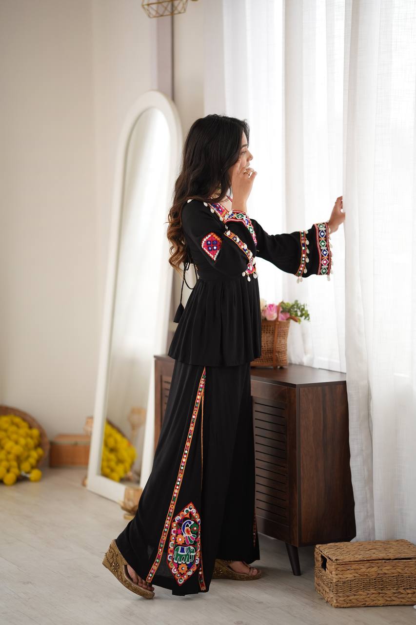Elegant Black Rayon Embroidered Anarkali Kurta Palazzo Set with Multicolour Mirror Work