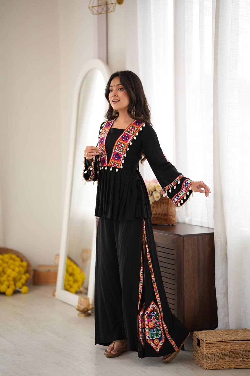 Elegant Black Rayon Embroidered Anarkali Kurta Palazzo Set with Multicolour Mirror Work