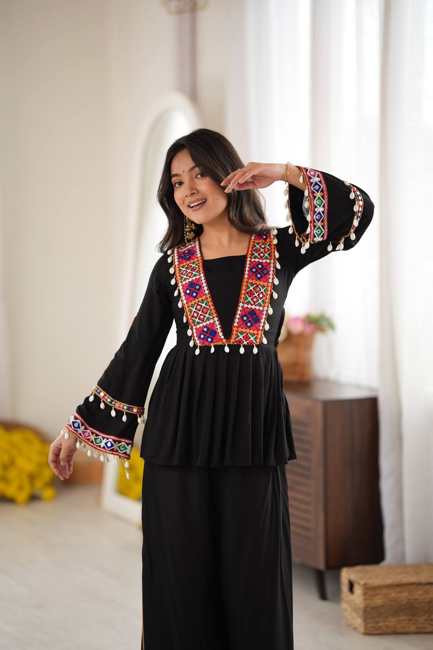 Elegant Black Rayon Embroidered Anarkali Kurta Palazzo Set with Multicolour Mirror Work