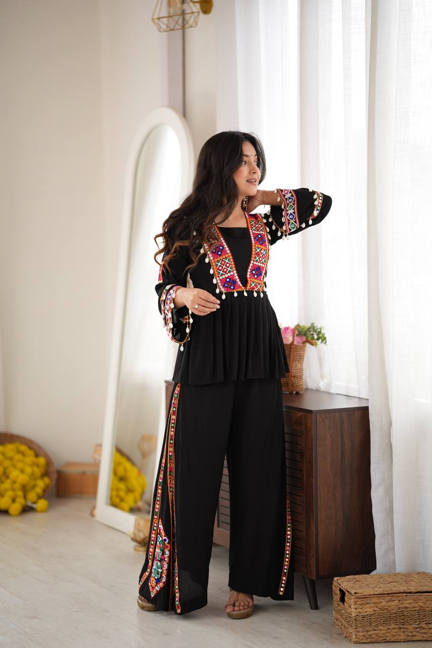 Elegant Black Rayon Embroidered Anarkali Kurta Palazzo Set with Multicolour Mirror Work