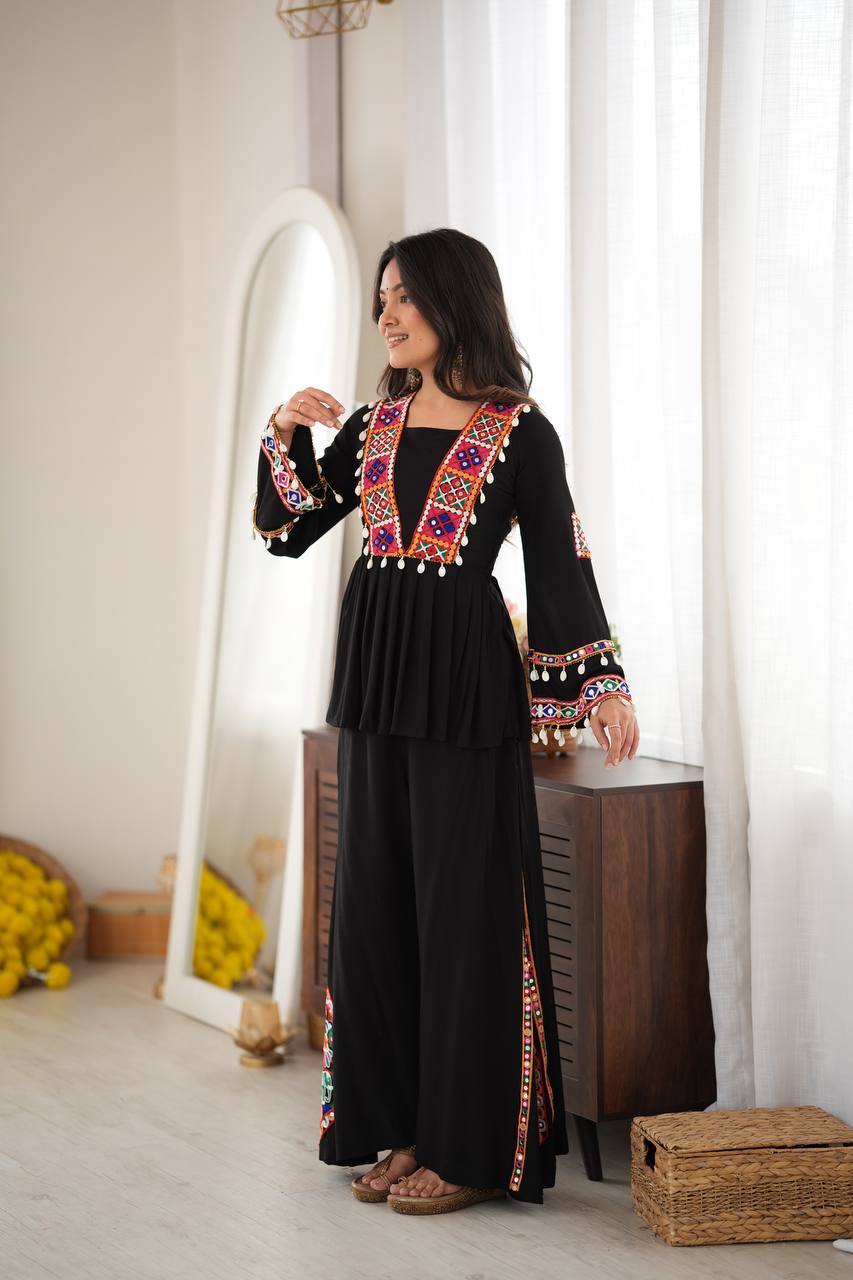 Elegant Black Rayon Embroidered Anarkali Kurta Palazzo Set with Multicolour Mirror Work