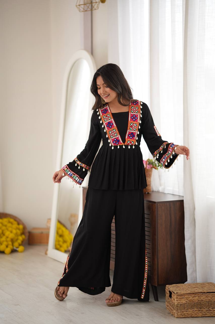 Elegant Black Rayon Embroidered Anarkali Kurta Palazzo Set with Multicolour Mirror Work
