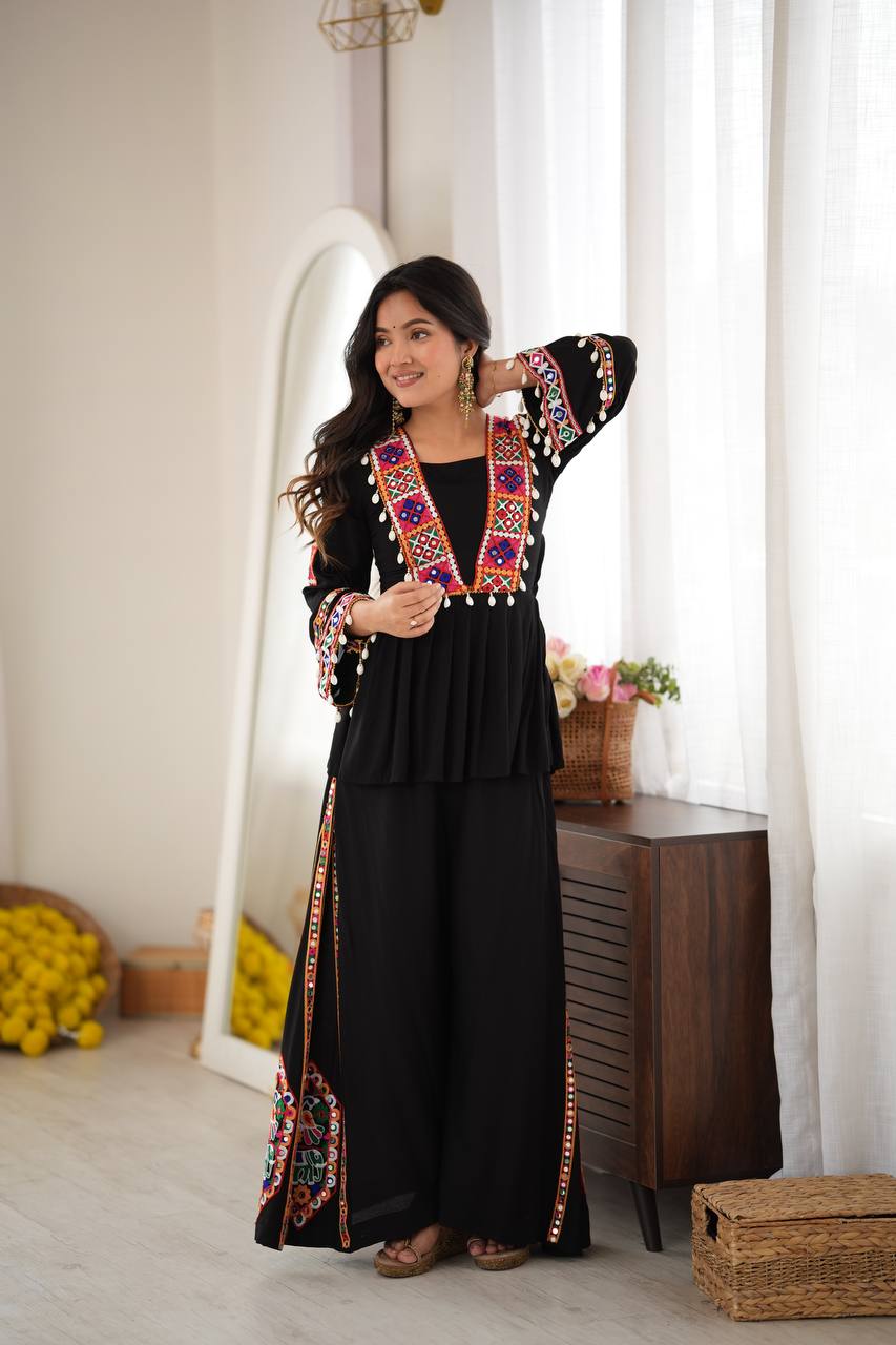 Elegant Black Rayon Embroidered Anarkali Kurta Palazzo Set with Multicolour Mirror Work