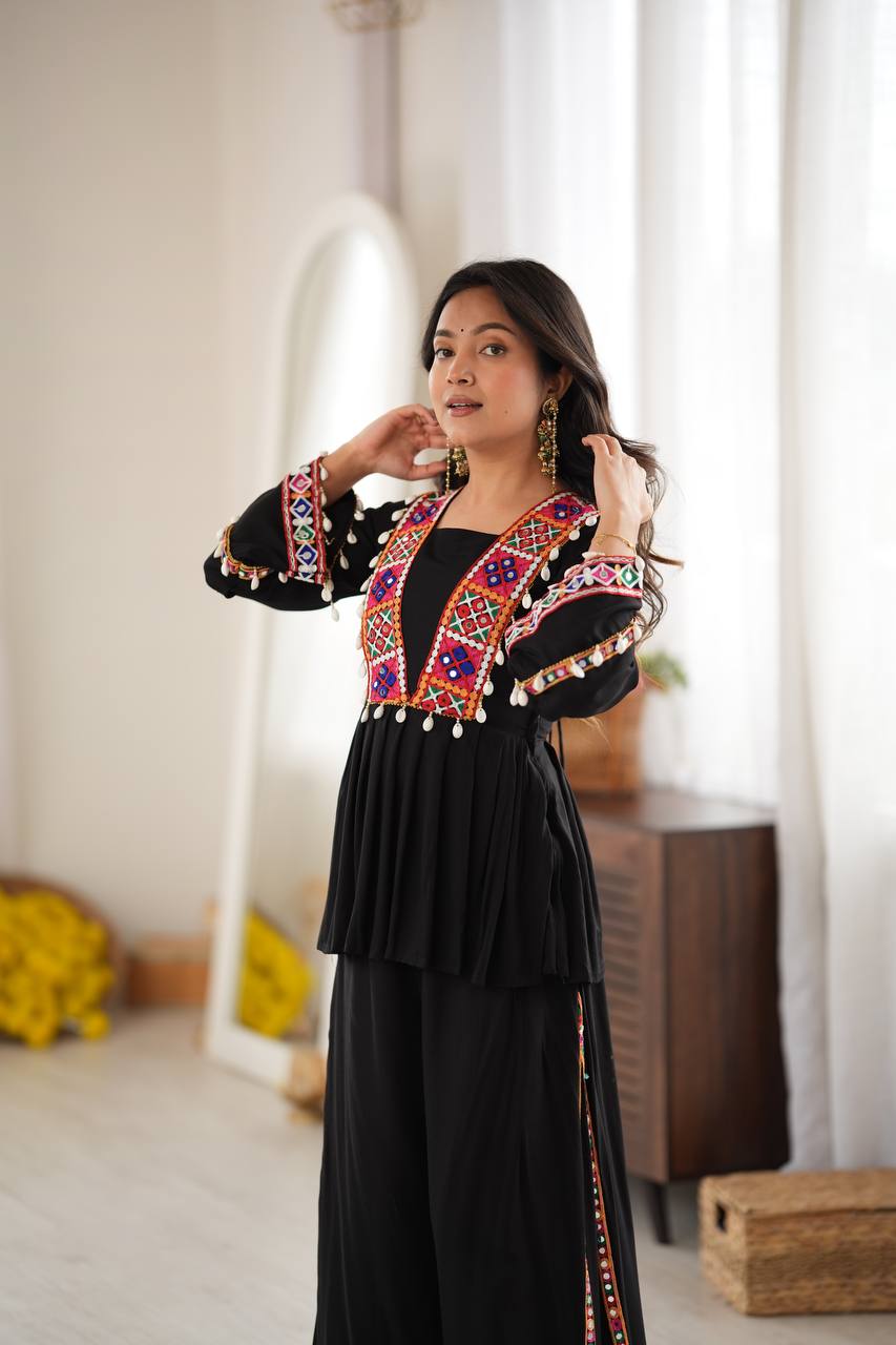 Elegant Black Rayon Embroidered Anarkali Kurta Palazzo Set with Multicolour Mirror Work