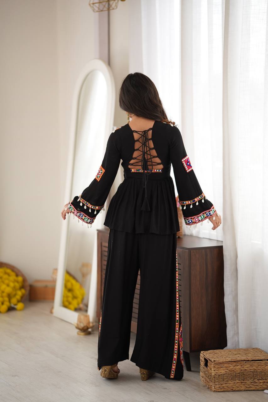 Elegant Black Rayon Embroidered Anarkali Kurta Palazzo Set with Multicolour Mirror Work