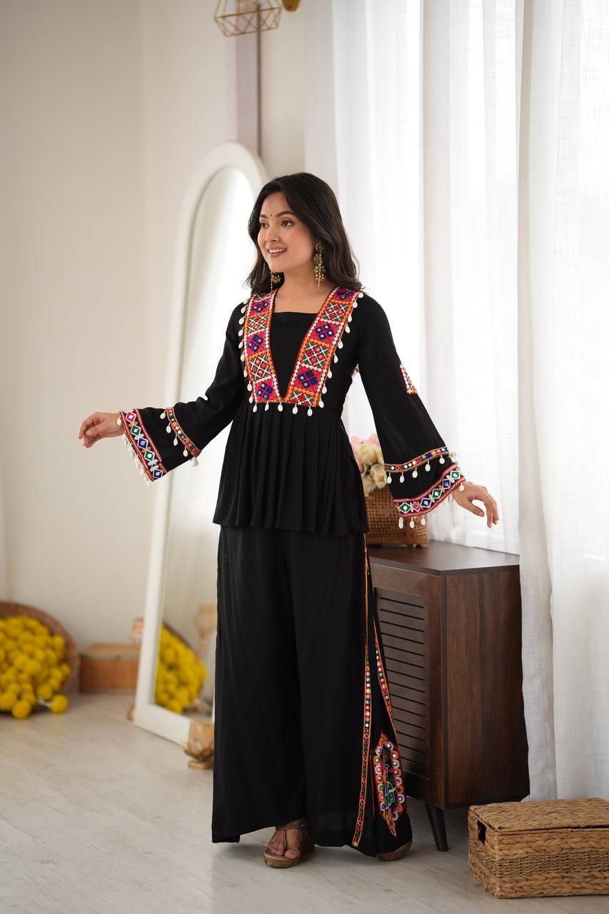 Elegant Black Rayon Embroidered Anarkali Kurta Palazzo Set with Multicolour Mirror Work
