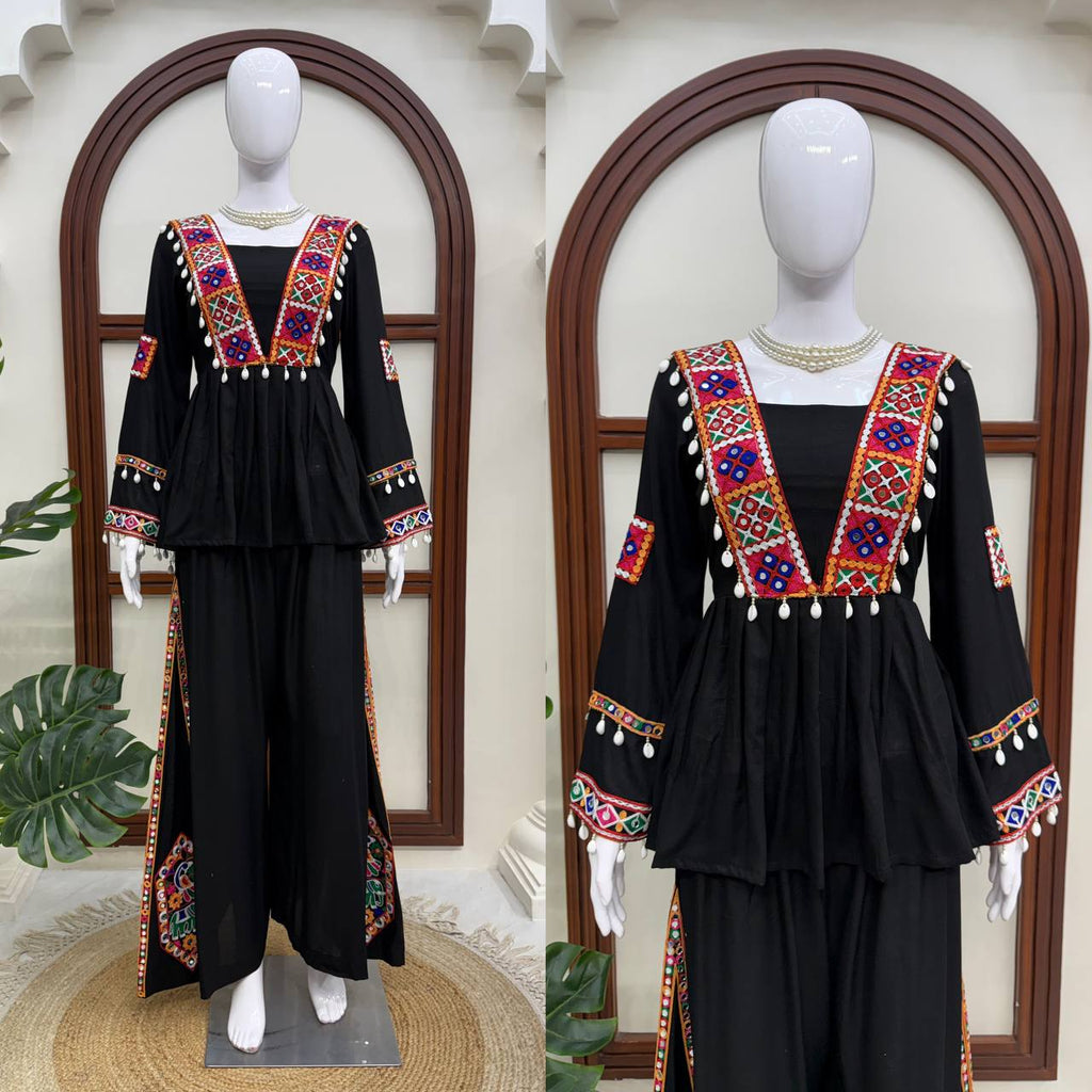 Elegant Black Rayon Embroidered Anarkali Kurta Palazzo Set with Multicolour Mirror Work