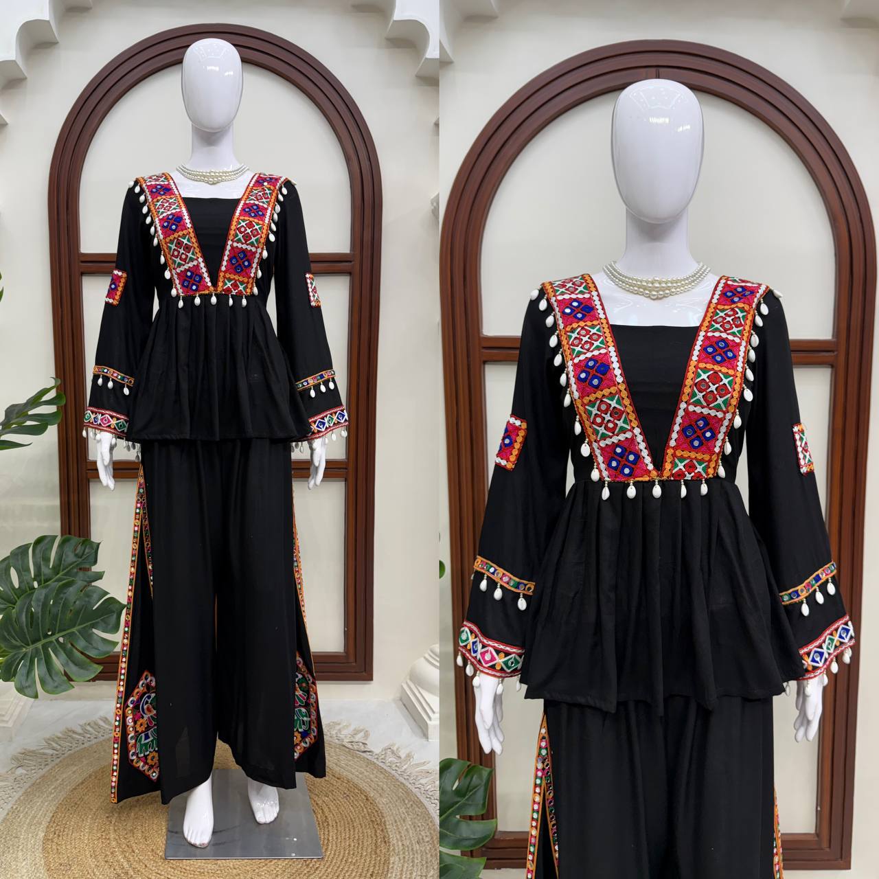 Elegant Black Rayon Embroidered Anarkali Kurta Palazzo Set with Multicolour Mirror Work