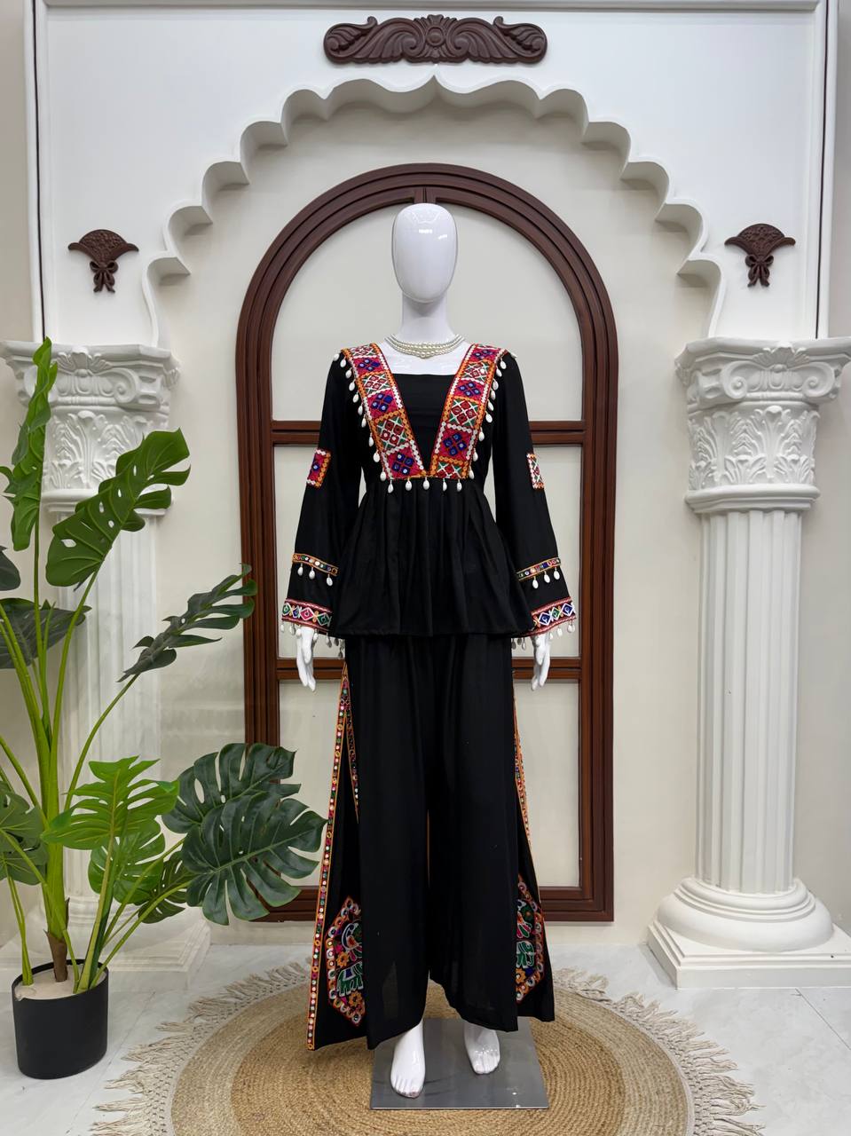Elegant Black Rayon Embroidered Anarkali Kurta Palazzo Set with Multicolour Mirror Work