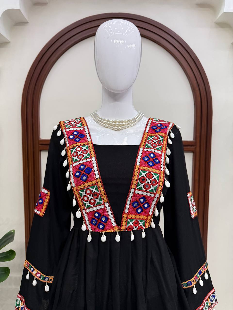Elegant Black Rayon Embroidered Anarkali Kurta Palazzo Set with Multicolour Mirror Work