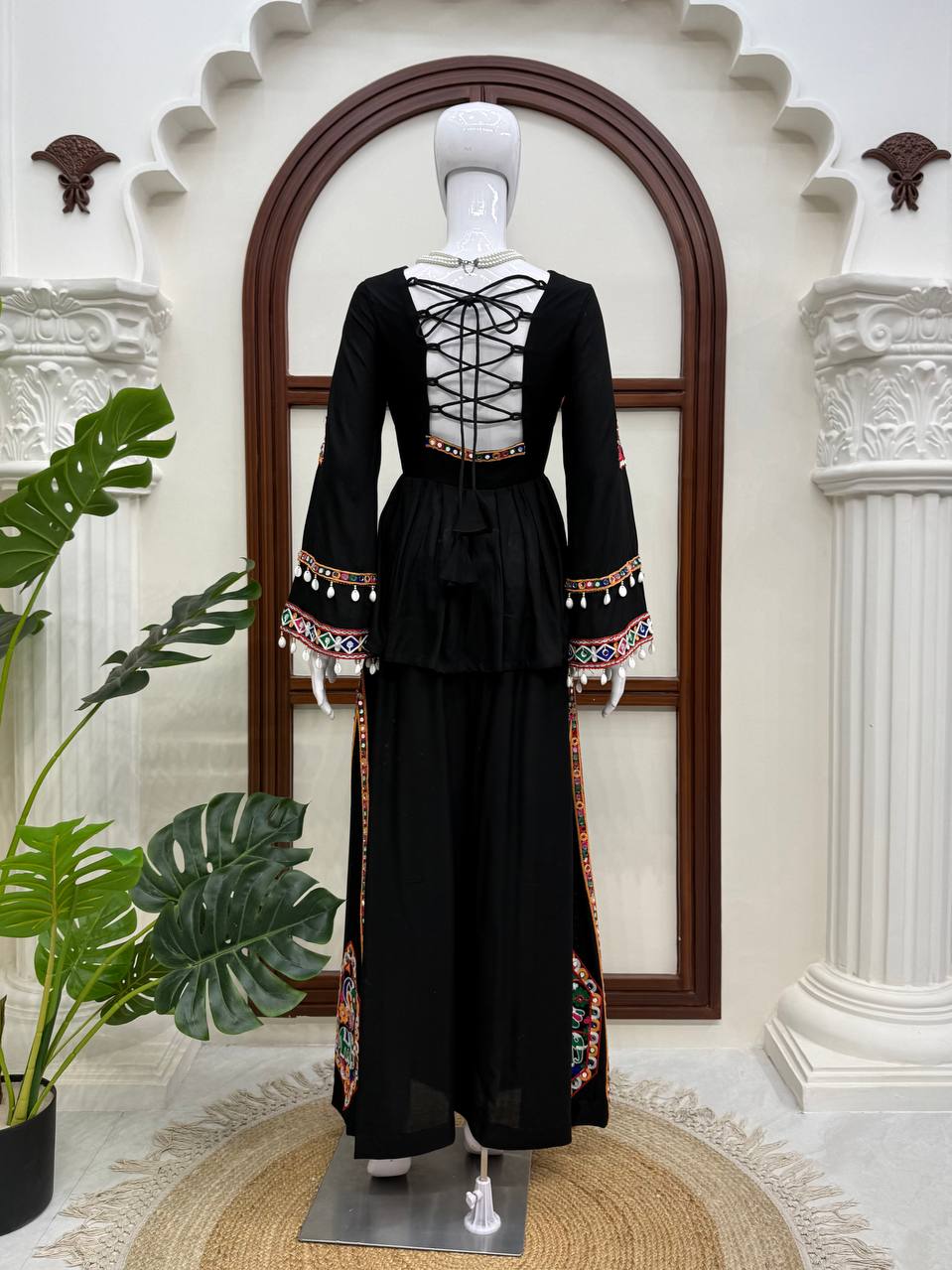 Elegant Black Rayon Embroidered Anarkali Kurta Palazzo Set with Multicolour Mirror Work