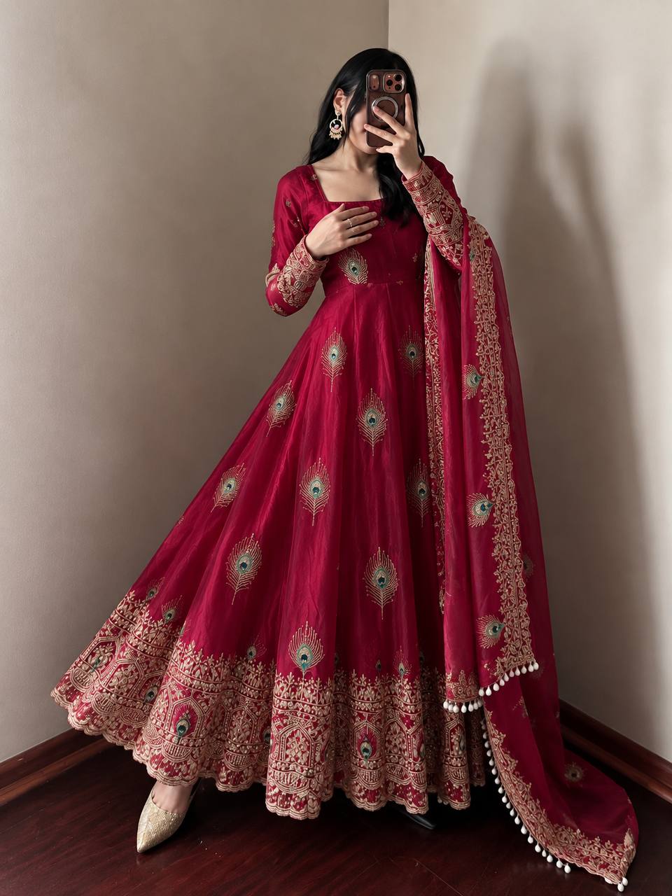 Rani Pink Silk Anarkali Suit with Intricate Peacock Motif Embroidery, Heavy Embroidered Border & Matching Dupatta