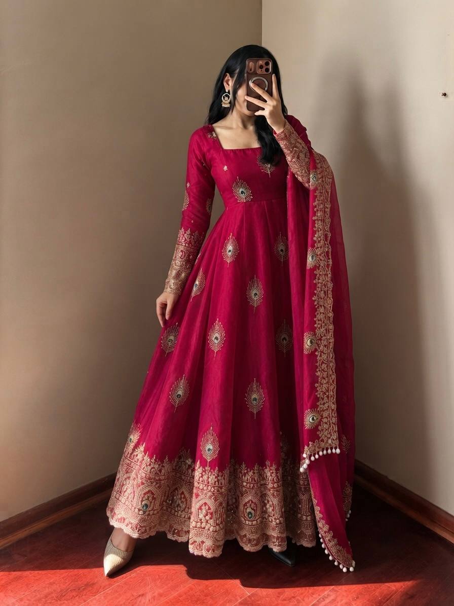 Rani Pink Silk Anarkali Suit with Intricate Peacock Motif Embroidery, Heavy Embroidered Border & Matching Dupatta