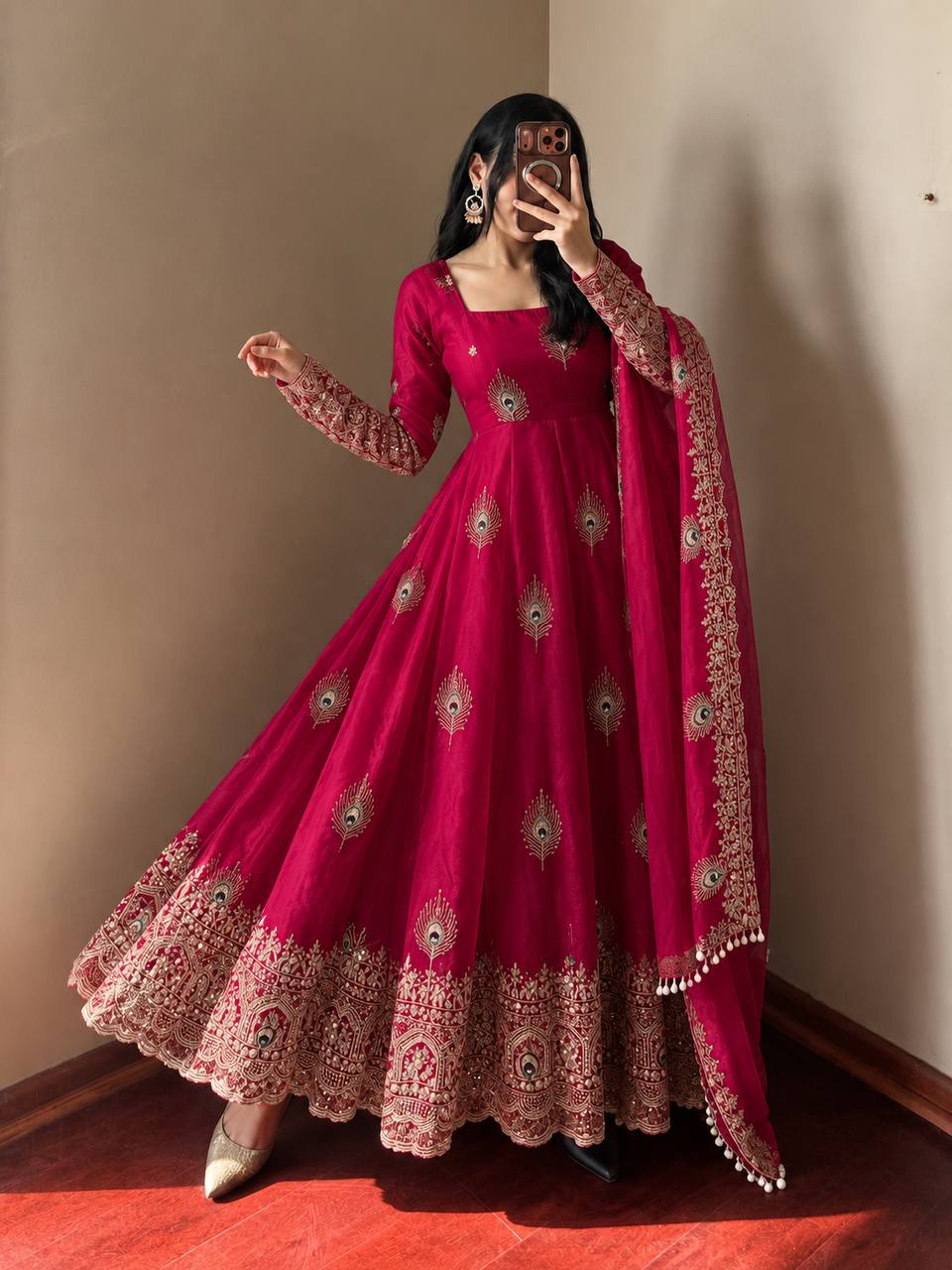 Rani Pink Silk Anarkali Suit with Intricate Peacock Motif Embroidery, Heavy Embroidered Border & Matching Dupatta