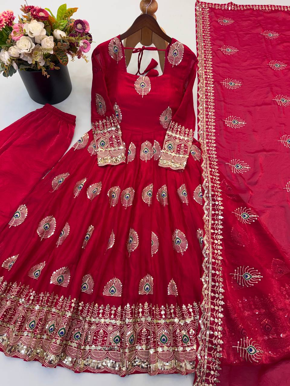 Rani Pink Silk Anarkali Suit with Intricate Peacock Motif Embroidery, Heavy Embroidered Border & Matching Dupatta