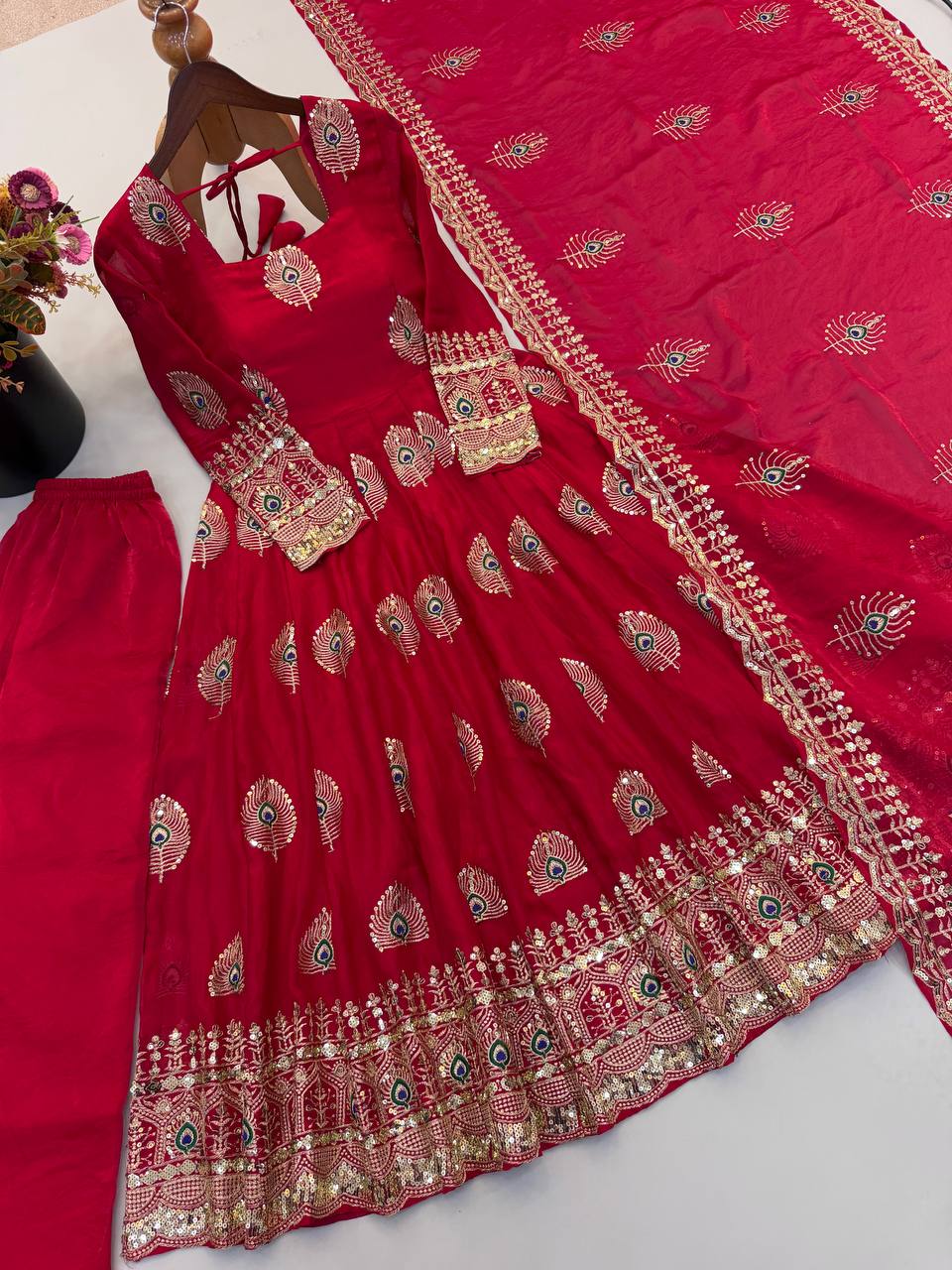 Rani Pink Silk Anarkali Suit with Intricate Peacock Motif Embroidery, Heavy Embroidered Border & Matching Dupatta