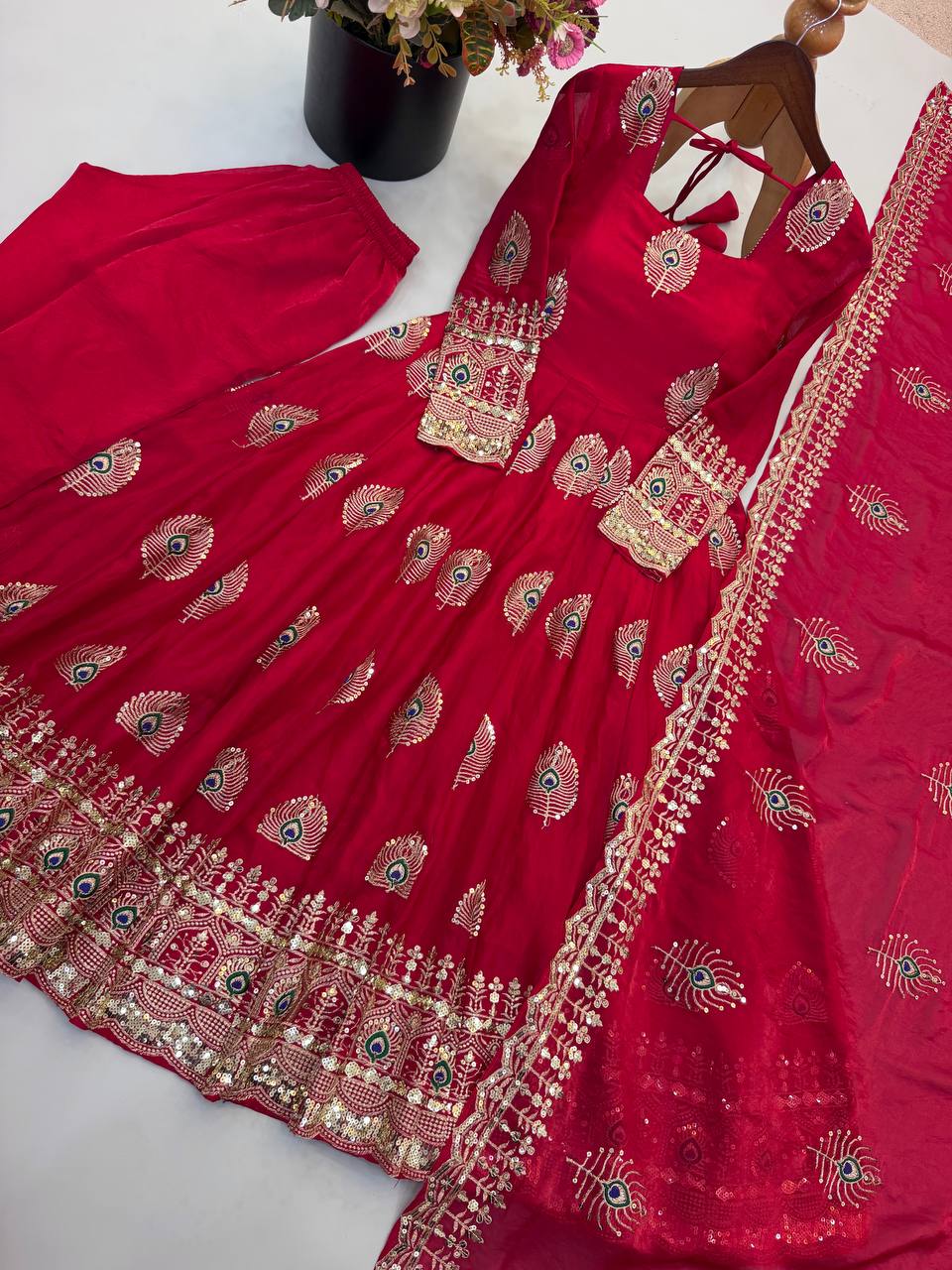 Rani Pink Silk Anarkali Suit with Intricate Peacock Motif Embroidery, Heavy Embroidered Border & Matching Dupatta