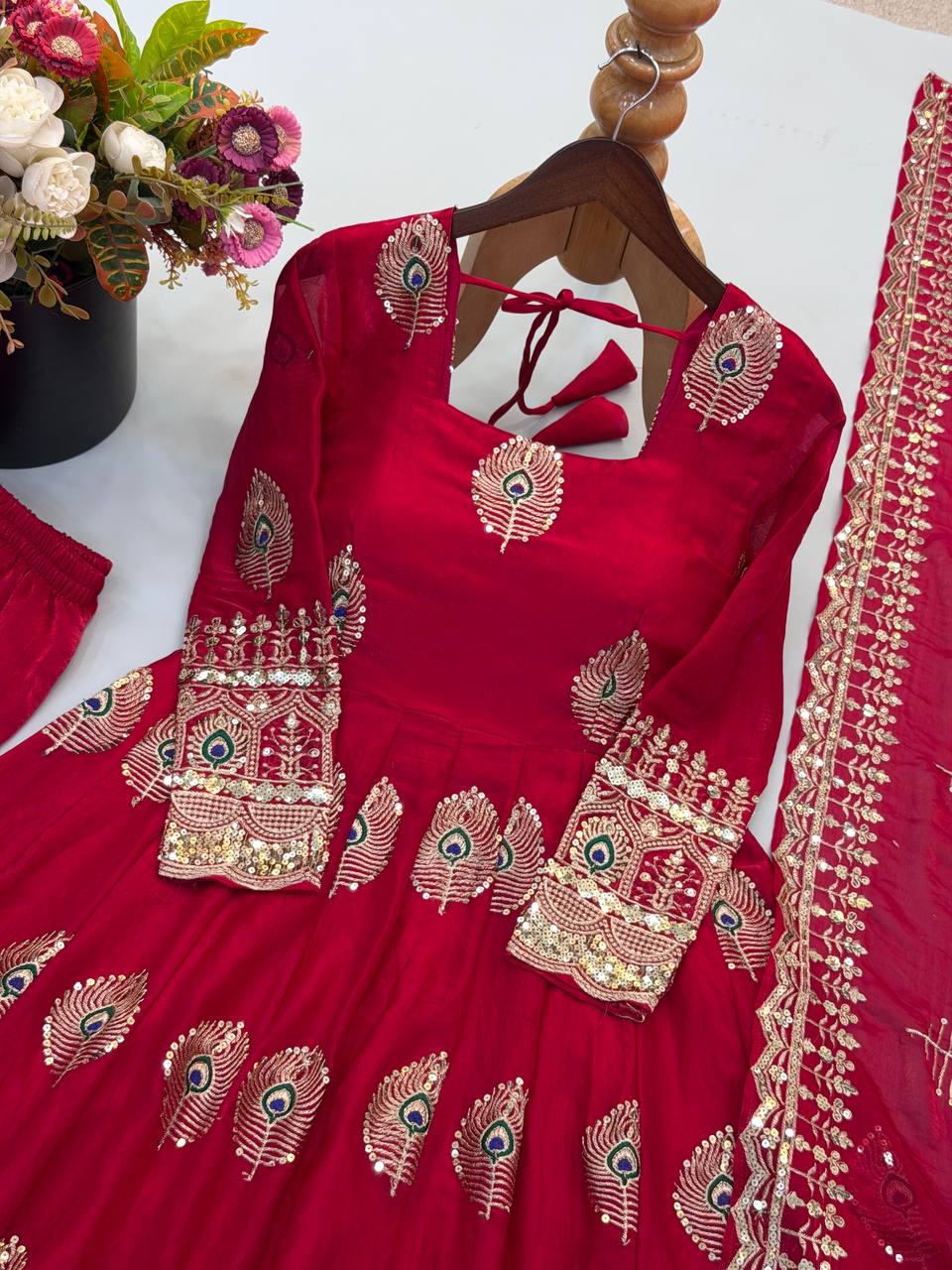 Rani Pink Silk Anarkali Suit with Intricate Peacock Motif Embroidery, Heavy Embroidered Border & Matching Dupatta