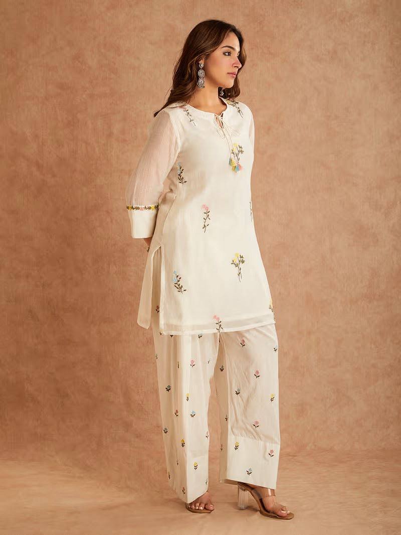 Elegant Ivory Embroidered Kurta Pant Set with Multicolor Floral Bootis, Tie-Up Neckline & Organza Dupatta with Lace Border