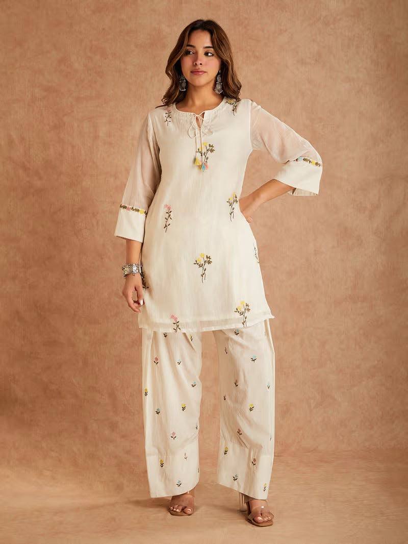 Elegant Ivory Embroidered Kurta Pant Set with Multicolor Floral Bootis, Tie-Up Neckline & Organza Dupatta with Lace Border