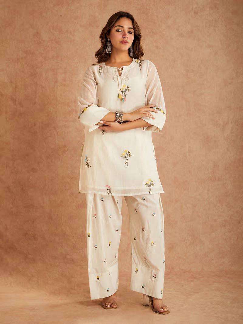 Elegant Ivory Embroidered Kurta Pant Set with Multicolor Floral Bootis, Tie-Up Neckline & Organza Dupatta with Lace Border