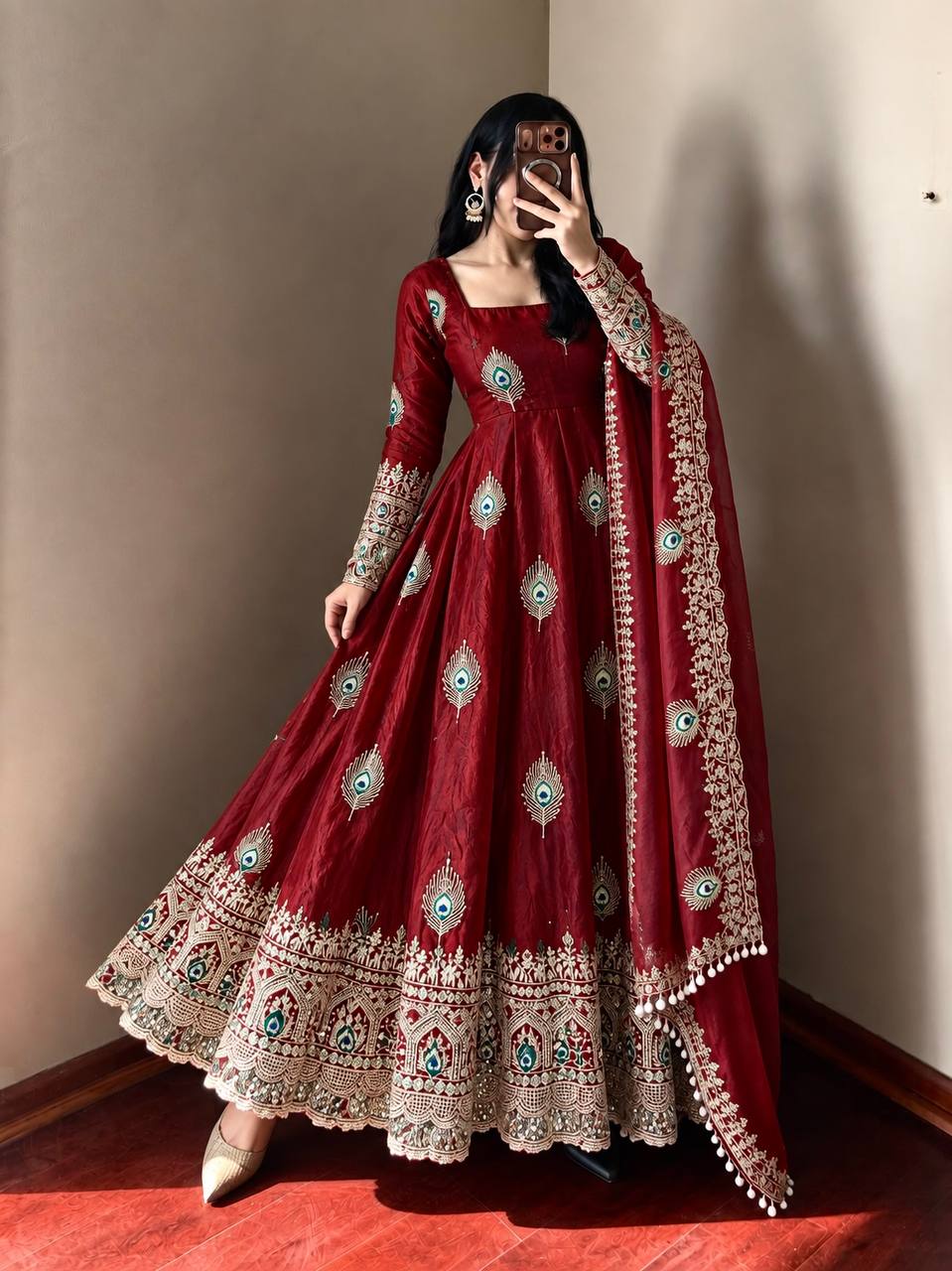 Royal Maroon Silk Anarkali Gown with Intricate Peacock Motif Embroidery, Heavy Designer Border & Embellished Dupatta