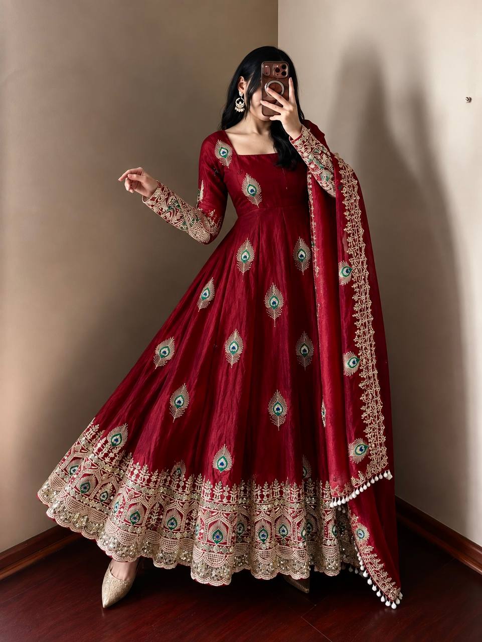 Royal Maroon Silk Anarkali Gown with Intricate Peacock Motif Embroidery, Heavy Designer Border & Embellished Dupatta