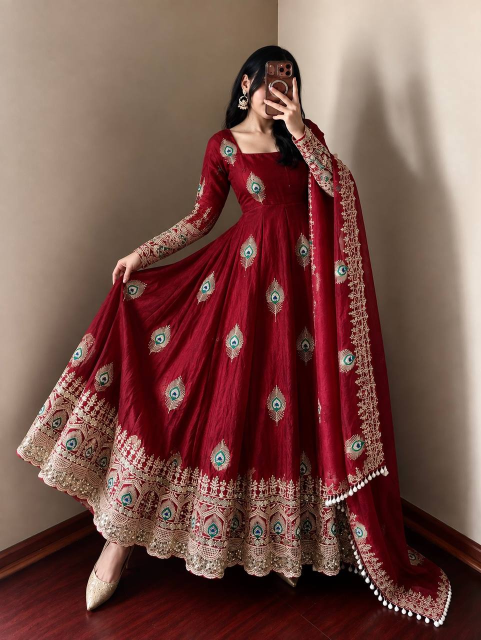 Royal Maroon Silk Anarkali Gown with Intricate Peacock Motif Embroidery, Heavy Designer Border & Embellished Dupatta