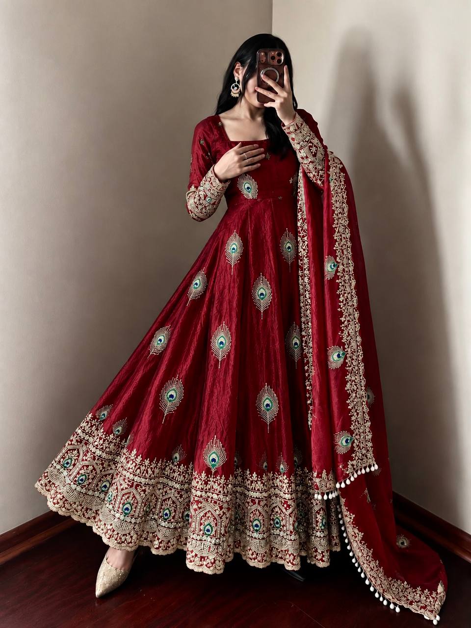 Royal Maroon Silk Anarkali Gown with Intricate Peacock Motif Embroidery, Heavy Designer Border & Embellished Dupatta