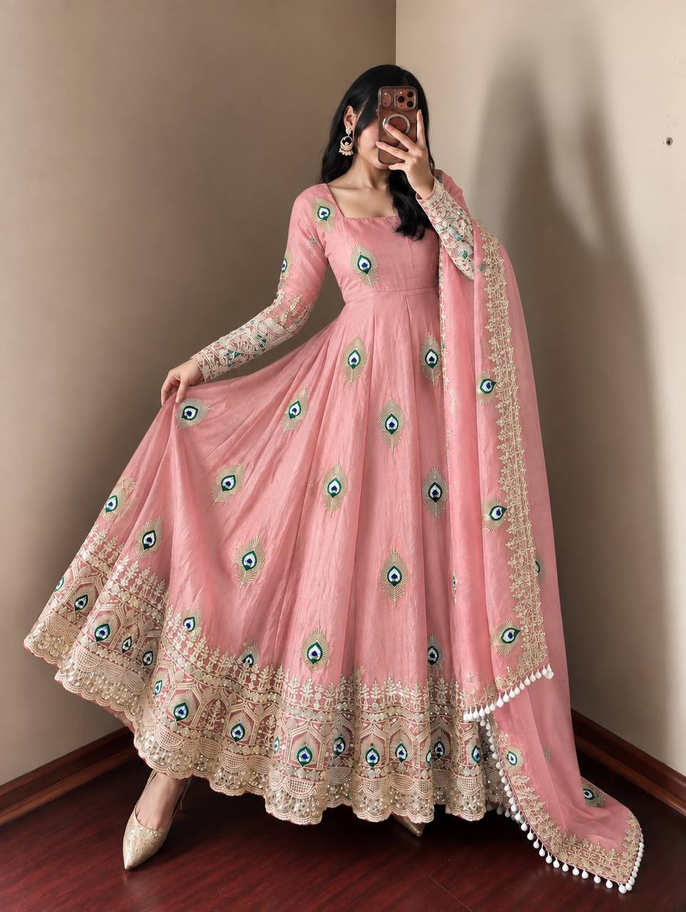 Blush Pink Silk Anarkali Suit with All-Over Peacock Motif Embroidery, Heavy Zari Border & Embroidered Dupatta