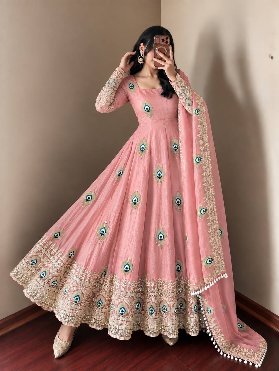 Blush Pink Silk Anarkali Suit with All-Over Peacock Motif Embroidery, Heavy Zari Border & Embroidered Dupatta