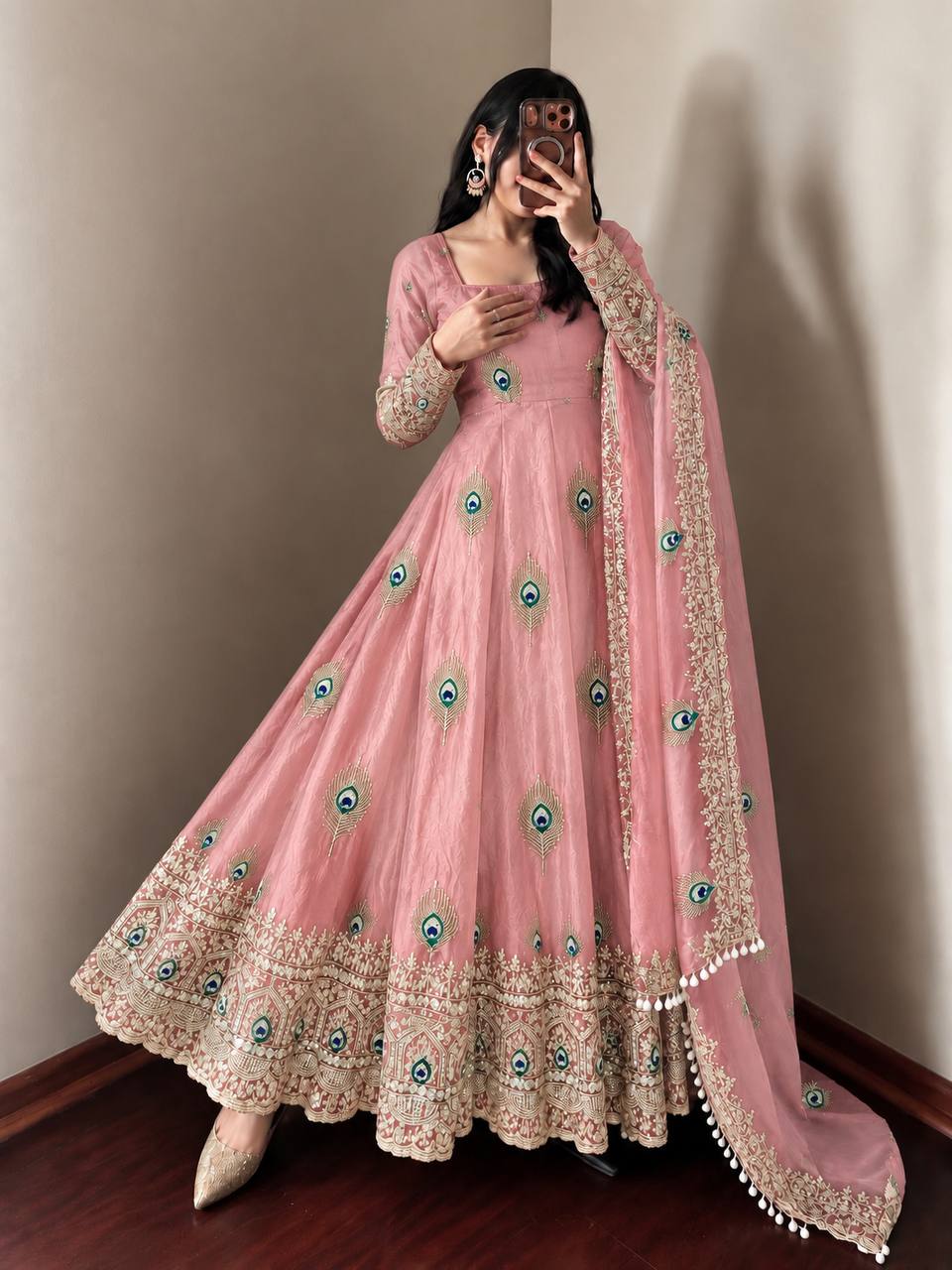 Blush Pink Silk Anarkali Suit with All-Over Peacock Motif Embroidery, Heavy Zari Border & Embroidered Dupatta