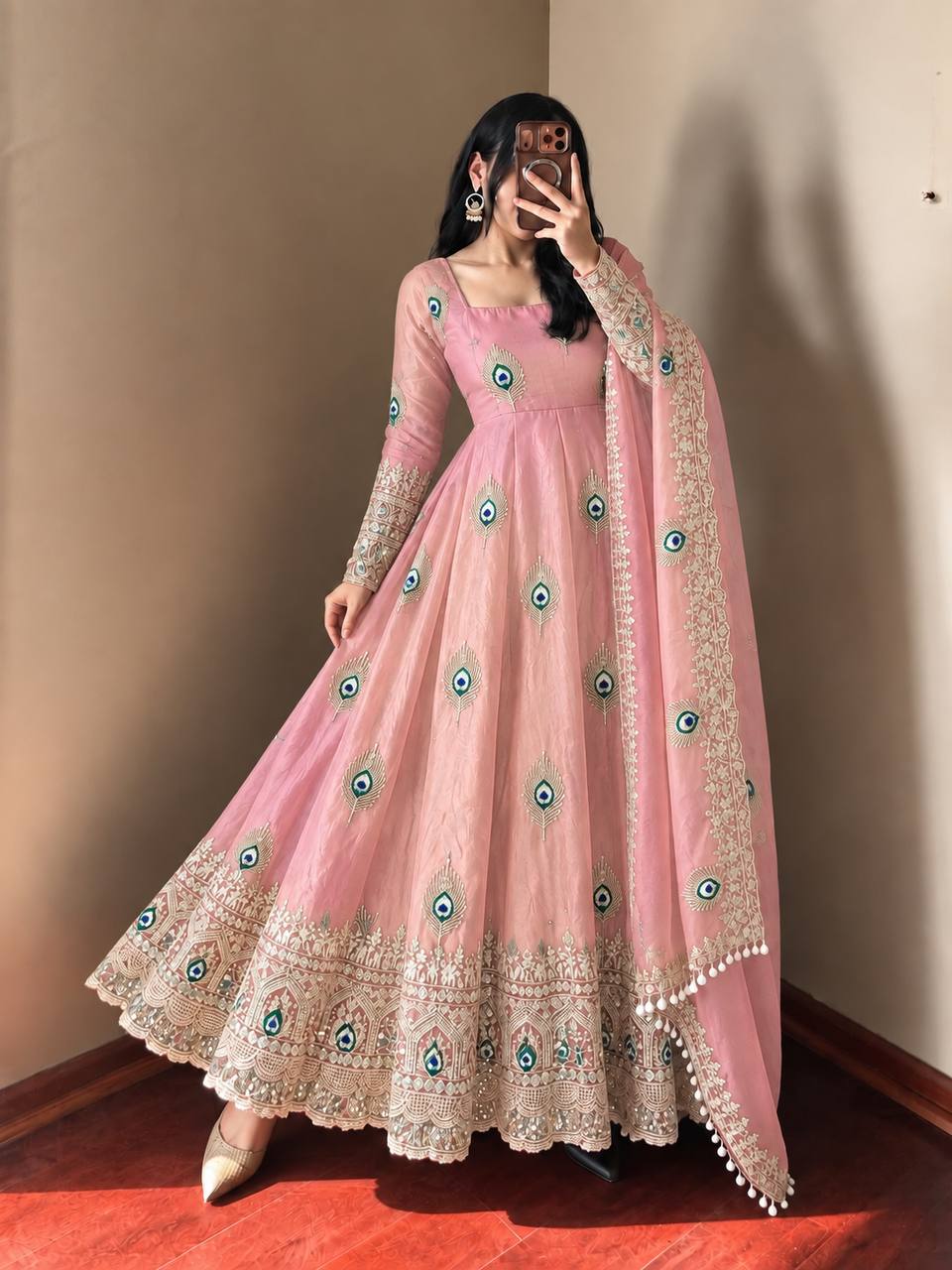 Blush Pink Silk Anarkali Suit with All-Over Peacock Motif Embroidery, Heavy Zari Border & Embroidered Dupatta
