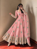Blush Pink Silk Anarkali Suit with All-Over Peacock Motif Embroidery, Heavy Zari Border & Embroidered Dupatta