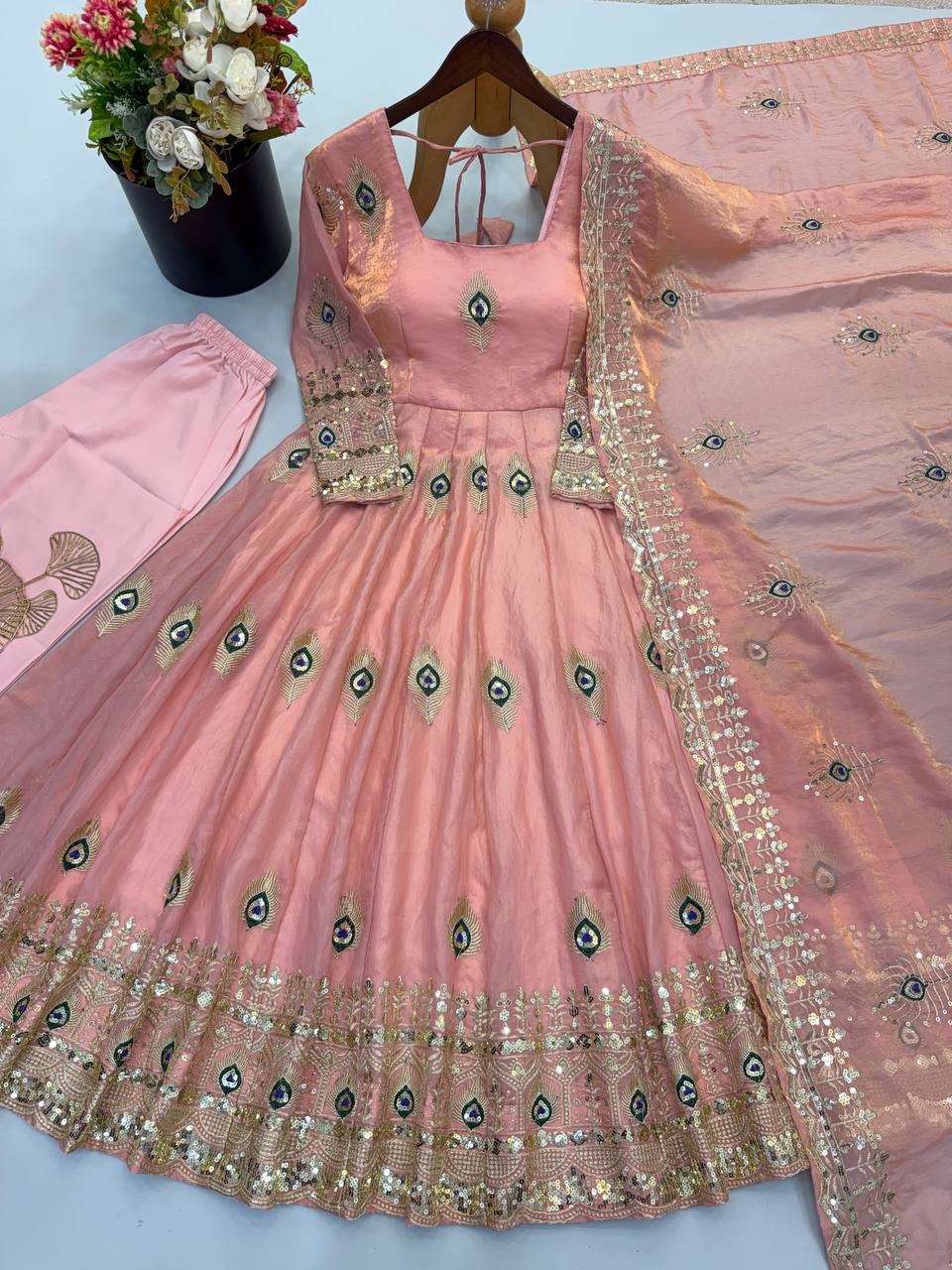 Blush Pink Silk Anarkali Suit with All-Over Peacock Motif Embroidery, Heavy Zari Border & Embroidered Dupatta
