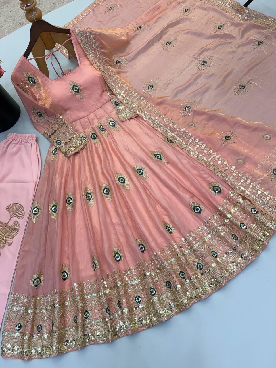 Blush Pink Silk Anarkali Suit with All-Over Peacock Motif Embroidery, Heavy Zari Border & Embroidered Dupatta