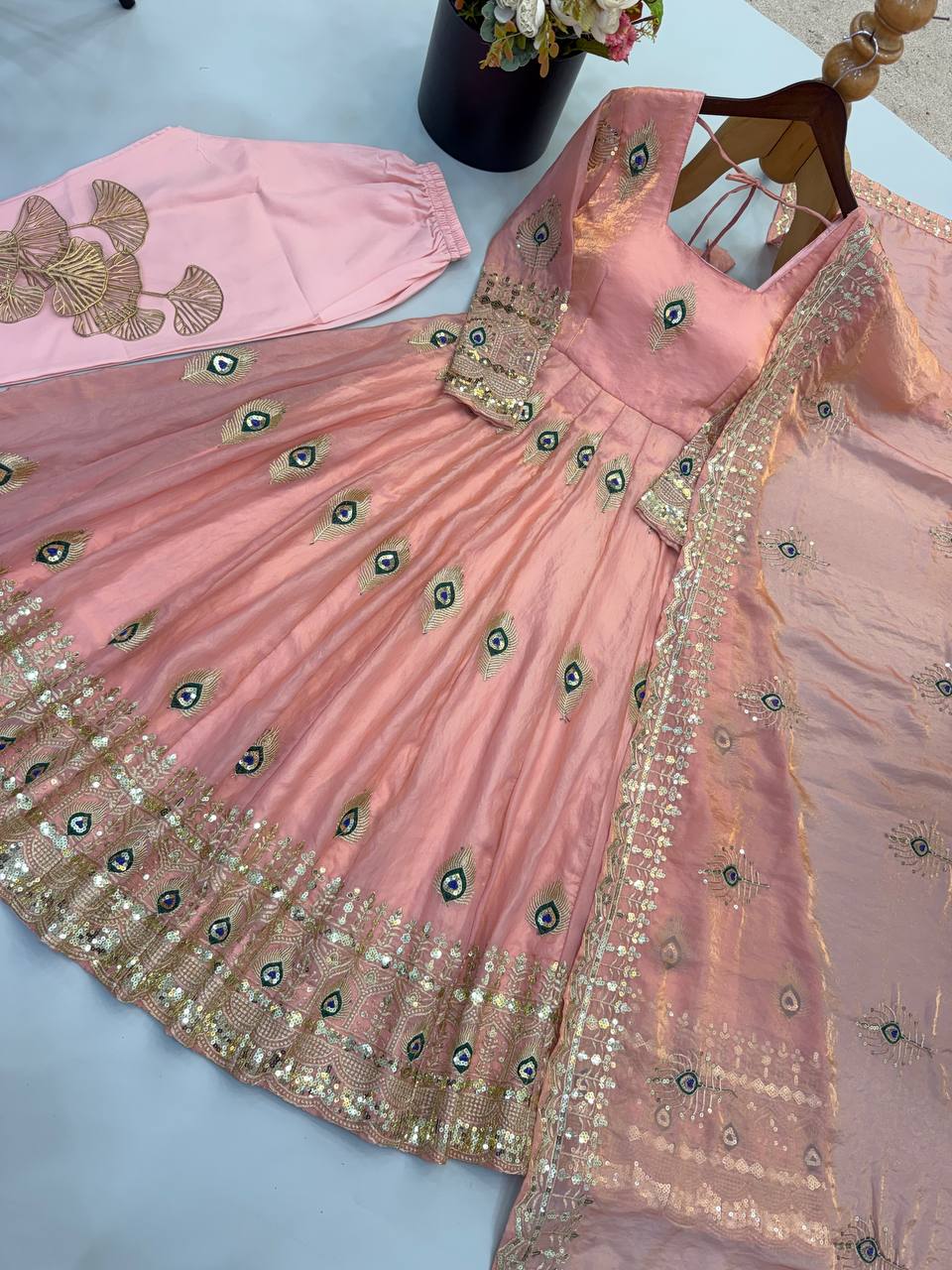 Blush Pink Silk Anarkali Suit with All-Over Peacock Motif Embroidery, Heavy Zari Border & Embroidered Dupatta