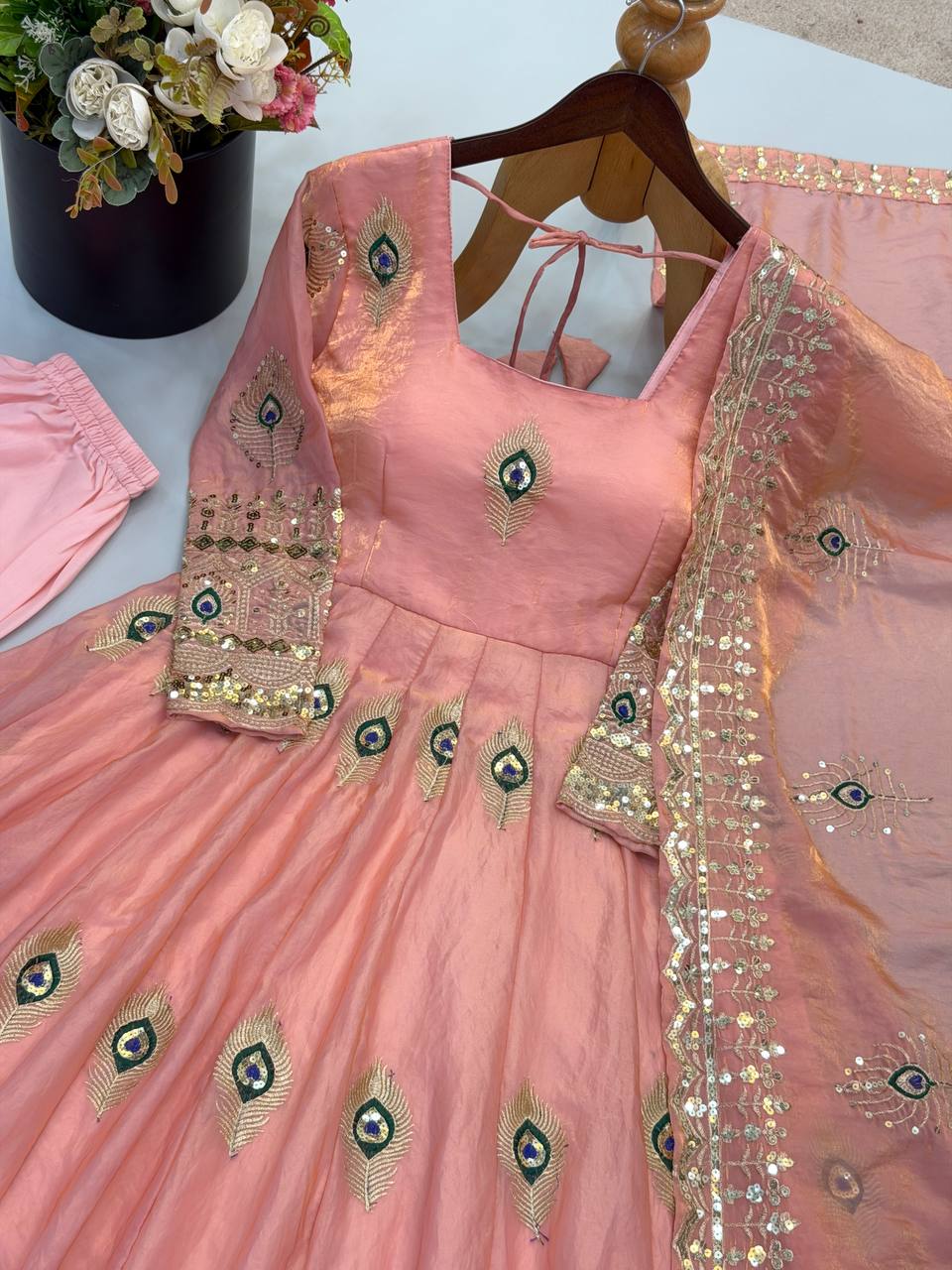 Blush Pink Silk Anarkali Suit with All-Over Peacock Motif Embroidery, Heavy Zari Border & Embroidered Dupatta