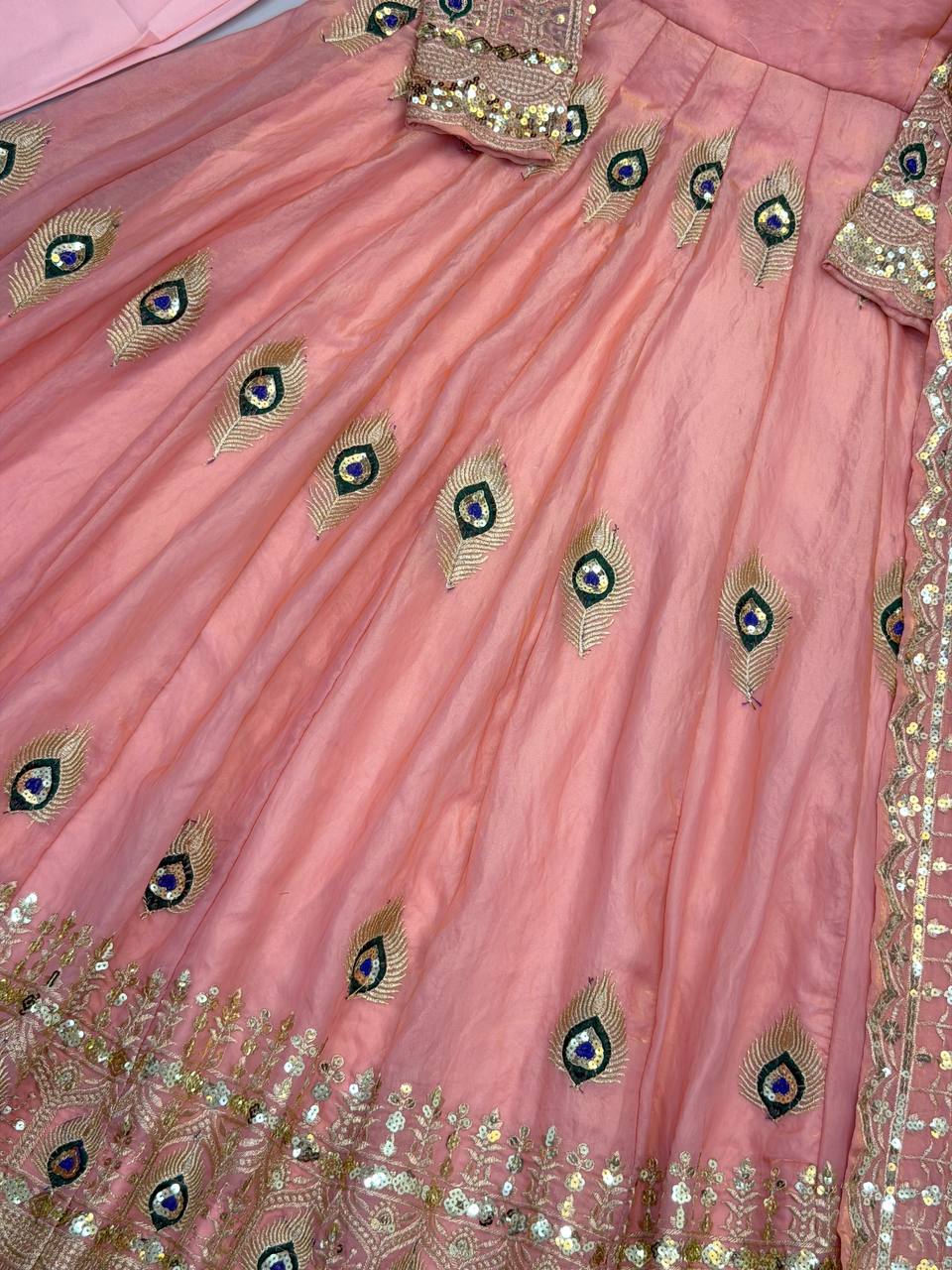 Blush Pink Silk Anarkali Suit with All-Over Peacock Motif Embroidery, Heavy Zari Border & Embroidered Dupatta