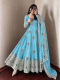 Royal Sky Blue Peacock Motif Embroidered Anarkali Gown with Intricate Zari Work, Heavy Designer Ghera & Matching Embellished Dupatta