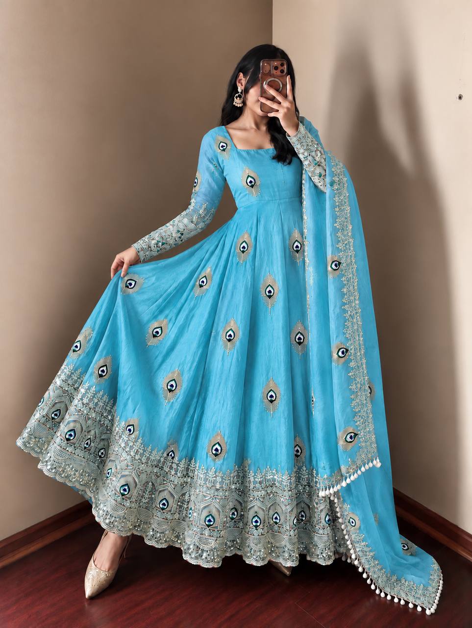Royal Sky Blue Peacock Motif Embroidered Anarkali Gown with Intricate Zari Work, Heavy Designer Ghera & Matching Embellished Dupatta