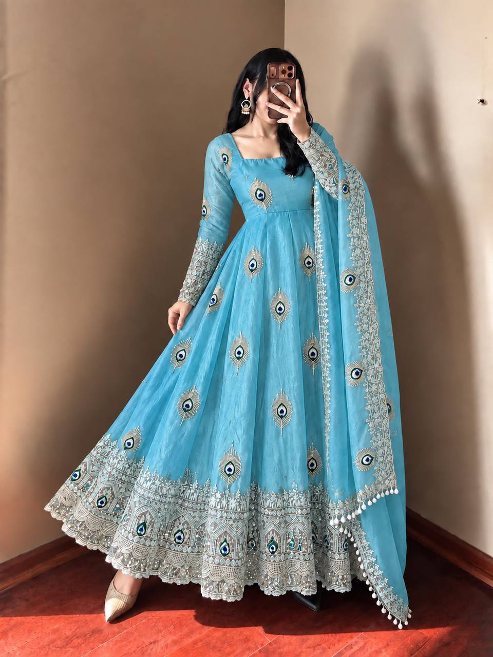 Royal Sky Blue Peacock Motif Embroidered Anarkali Gown with Intricate Zari Work, Heavy Designer Ghera & Matching Embellished Dupatta