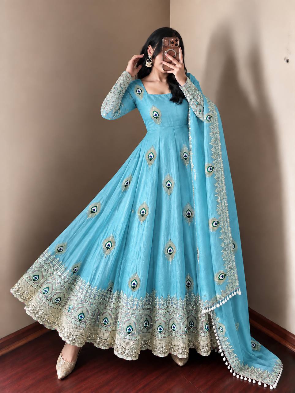 Royal Sky Blue Peacock Motif Embroidered Anarkali Gown with Intricate Zari Work, Heavy Designer Ghera & Matching Embellished Dupatta