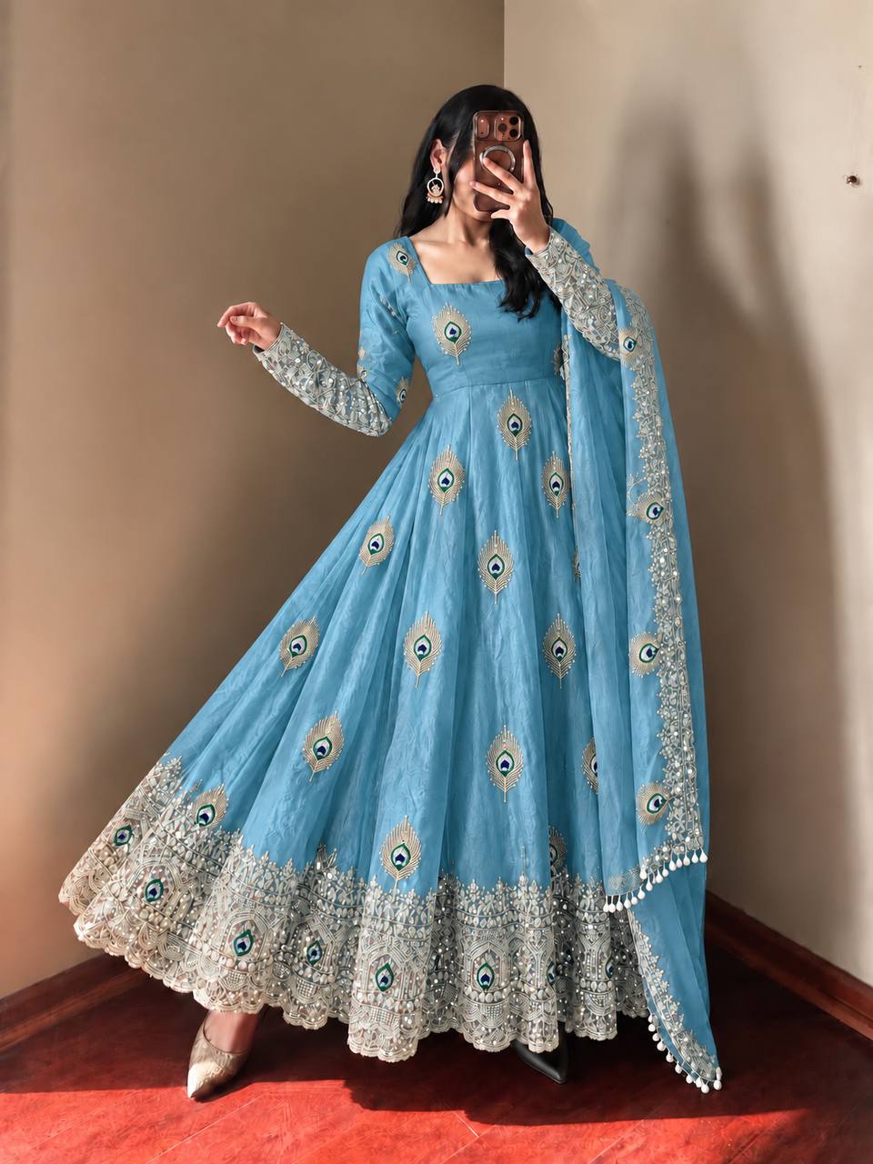 Royal Sky Blue Peacock Motif Embroidered Anarkali Gown with Intricate Zari Work, Heavy Designer Ghera & Matching Embellished Dupatta